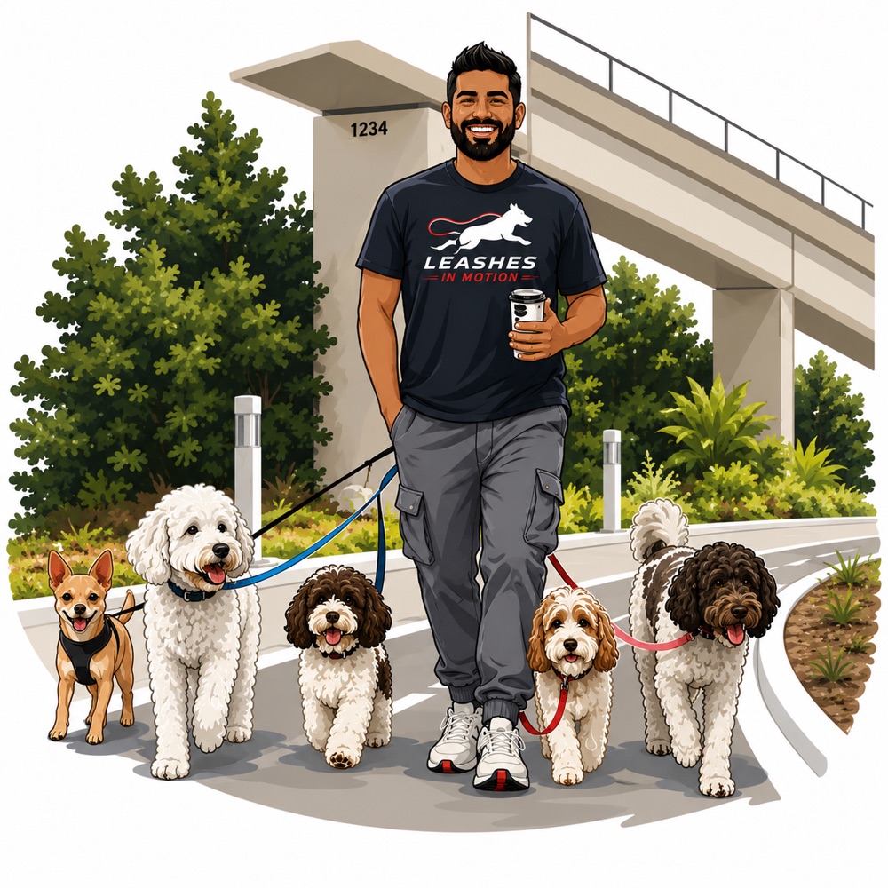 Illustration of the Leashes in Motion walker in a branded shirt, walking five dogs on leash along a paved path